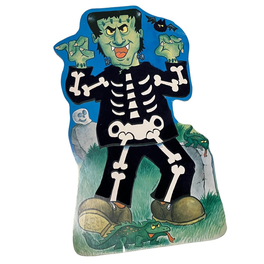 Vintage Eureka Halloween Frankenstein Skeleton Flocked Double Sided Die Cut